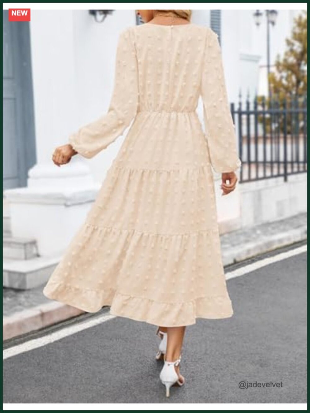 Women's Long Sleeve Swiss Dot Maxi Dress Wedding Guest A-Line Tiered Puff Sleeve - Picture 3 of 6